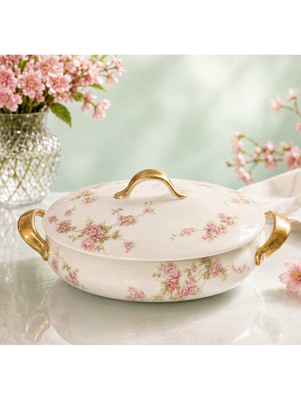 O&EG Royal Austria 1900s Pink Floral Porcelain Round Covered Vegetable Bowl 8x5”